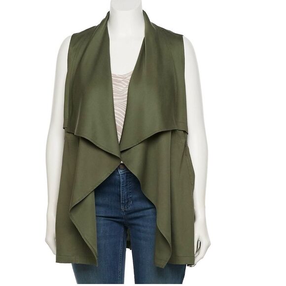 EVRI 100% Lyocell Infantry Olive Green Draped Open Front Vest Women's Size 1X - Picture 1 of 16